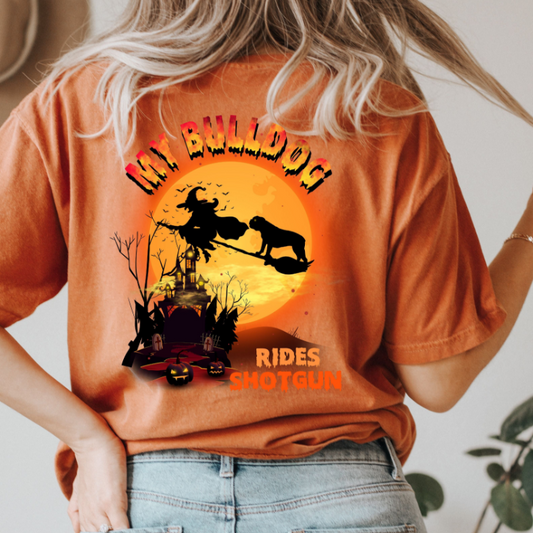 English Bulldog Rides Shotgun Halloween Tee